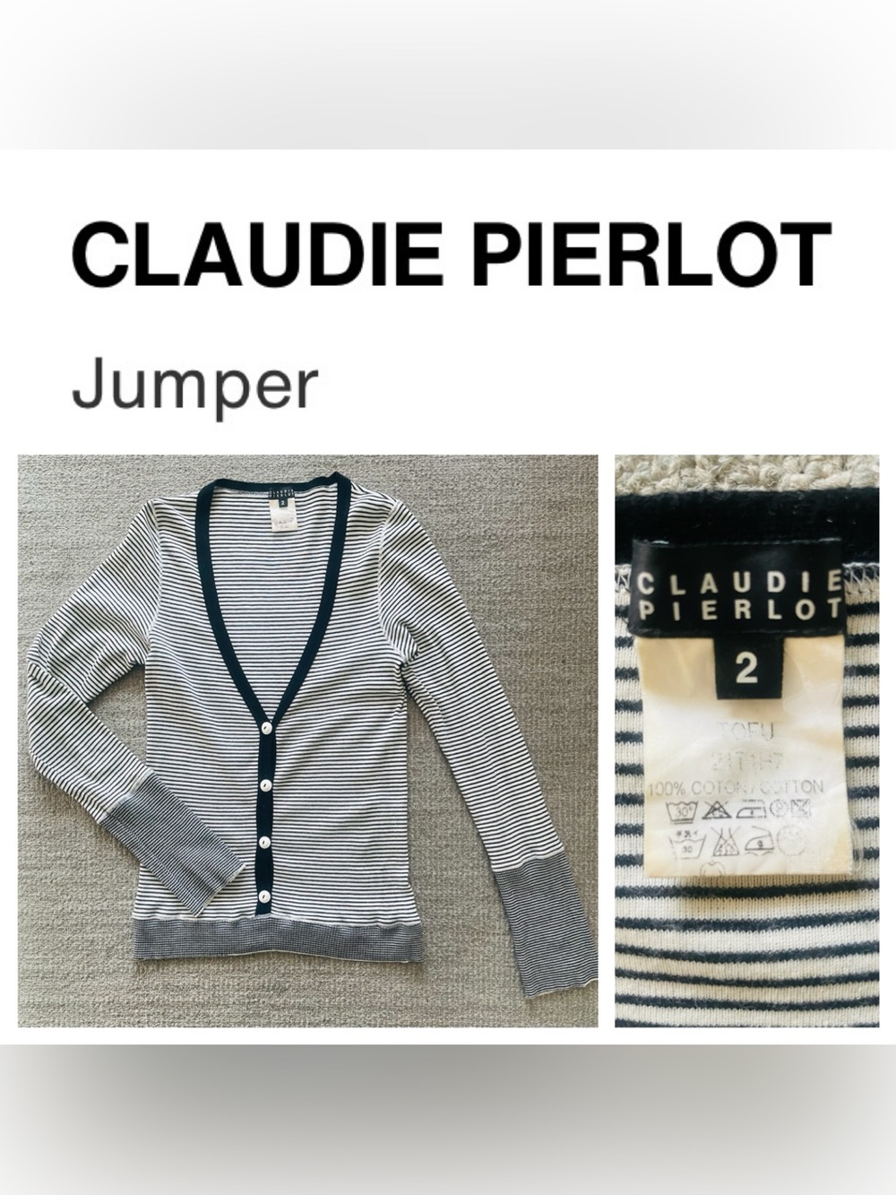 CLAUDIR PIERLOT Women's Tofu Black & White Pin Striped V-Neck Jumper